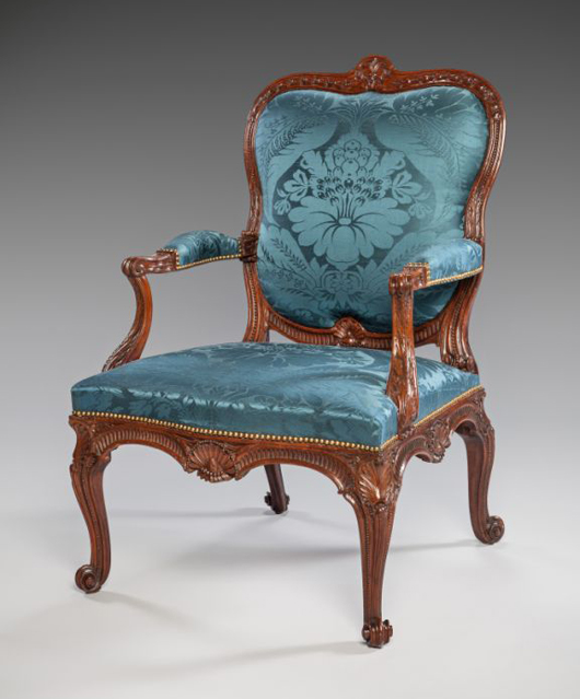 London dealers Mallett were offering this important pair of George II period armchairs in carved sabicu, known as the Spencer House Chairs. Originating from Althorp, the family home of the late Princess Diana, and attributed to John Gordon after designs by the famous architect and designer James ‘Athenian’ Stuart, they were priced at £1 million ($1,660,000). Image courtesy of Mallett.